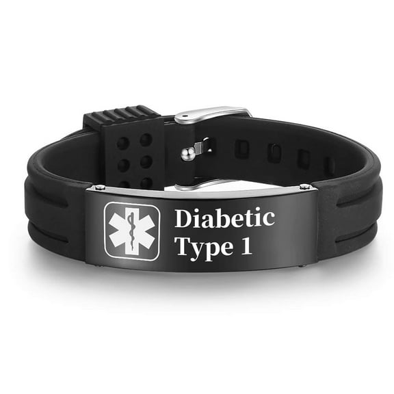 Vagzen Silicone Medical Alert ID Bracelet for Men , Engraving Diabetic Type 1, Adjustable