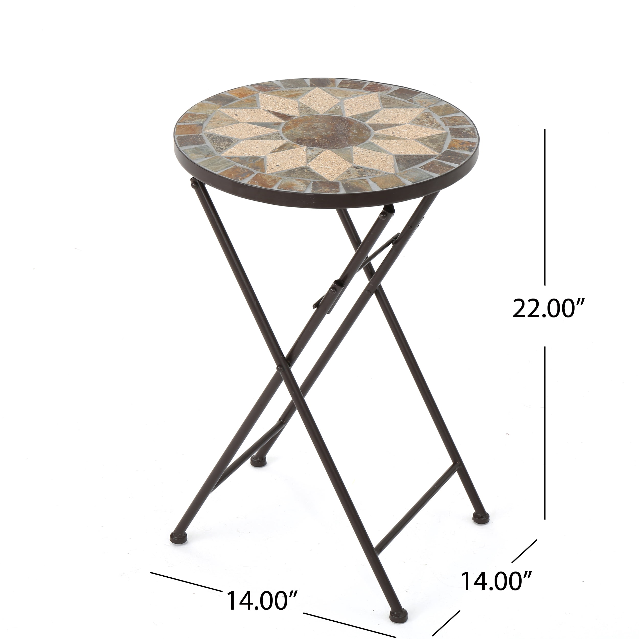 Leumius 14" Folding Side Table with Stone Mosaic Top,Indoor Outdoor Accent Table for Patio/Outdoor