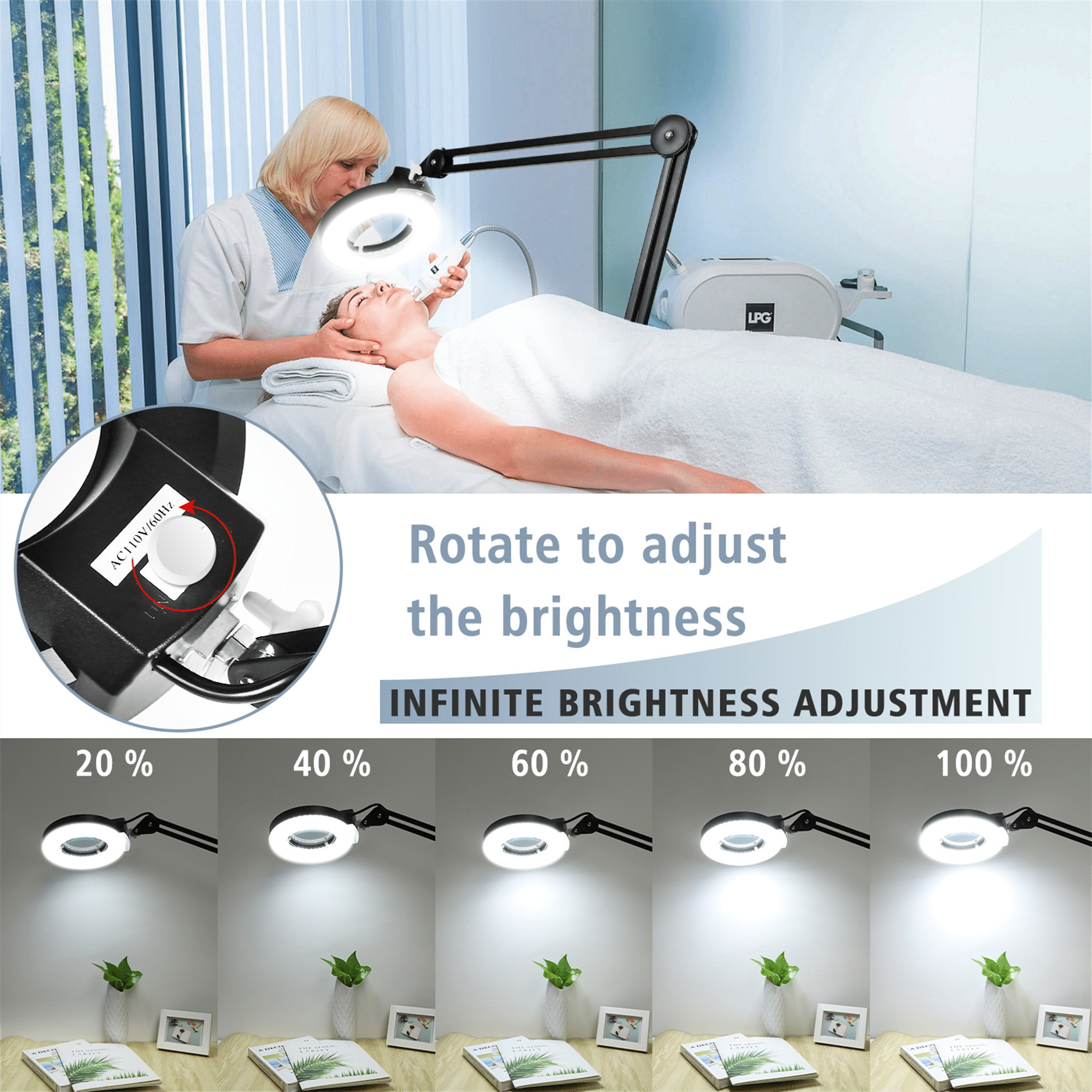 MagnieOpti Super Bright 2,200 Lumens Magnifying Glass with Light and Stand, Floor Lamp with 5 Wheels Rolling Base for Lash Estheticians, Stepless Dimmable, LED Lighted Magnifier for Sewing Crafts
