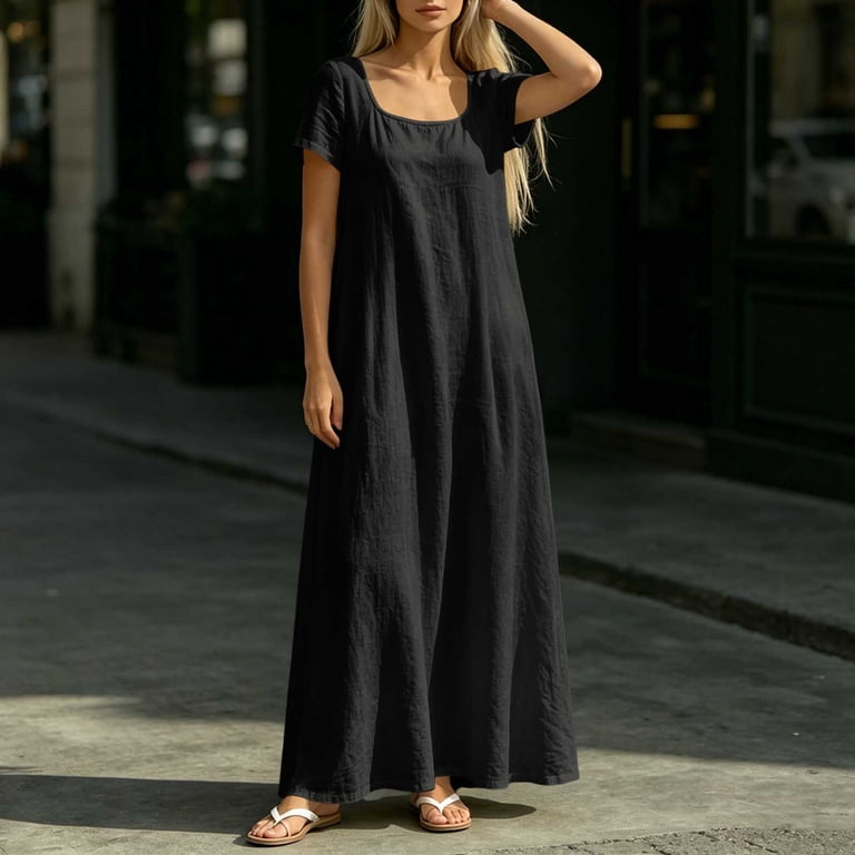 straight cut maxi dress Lopecy-sta Maxi Dress for Women Solid Square Neck Short Sleeve Loose Light Airy Straight Cut Ideal for Coastal Getaways and Weekend Street Style,