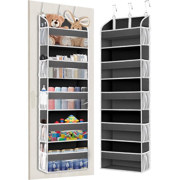 Over The Door Organizer Storage, 15-Pocke Hanging Organizer Closet with 5 Large Pockets 10 Mesh Pockets, 44 lbs Weight Capacity, Behind Door Storage for Nursery Bedroom Bathroom ( Grey)