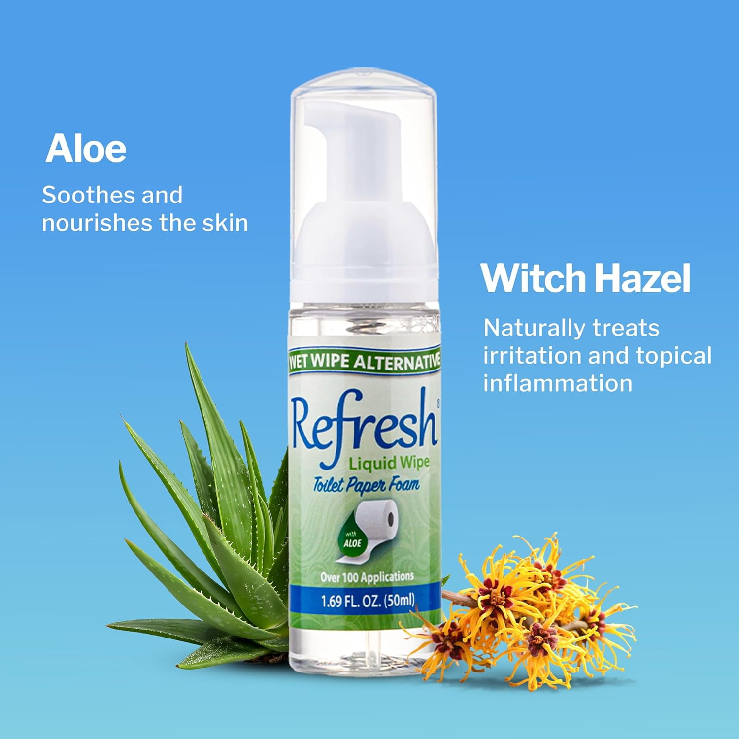 Toilet Paper Foam – Eco-Friendly Flushable Wet Wipe Alternative, Cleanses & Soothes with Witch Hazel & Aloe, Septic & Plumbing Safe 250ml/50ml (10.14 oz Total) (Combo Pack)