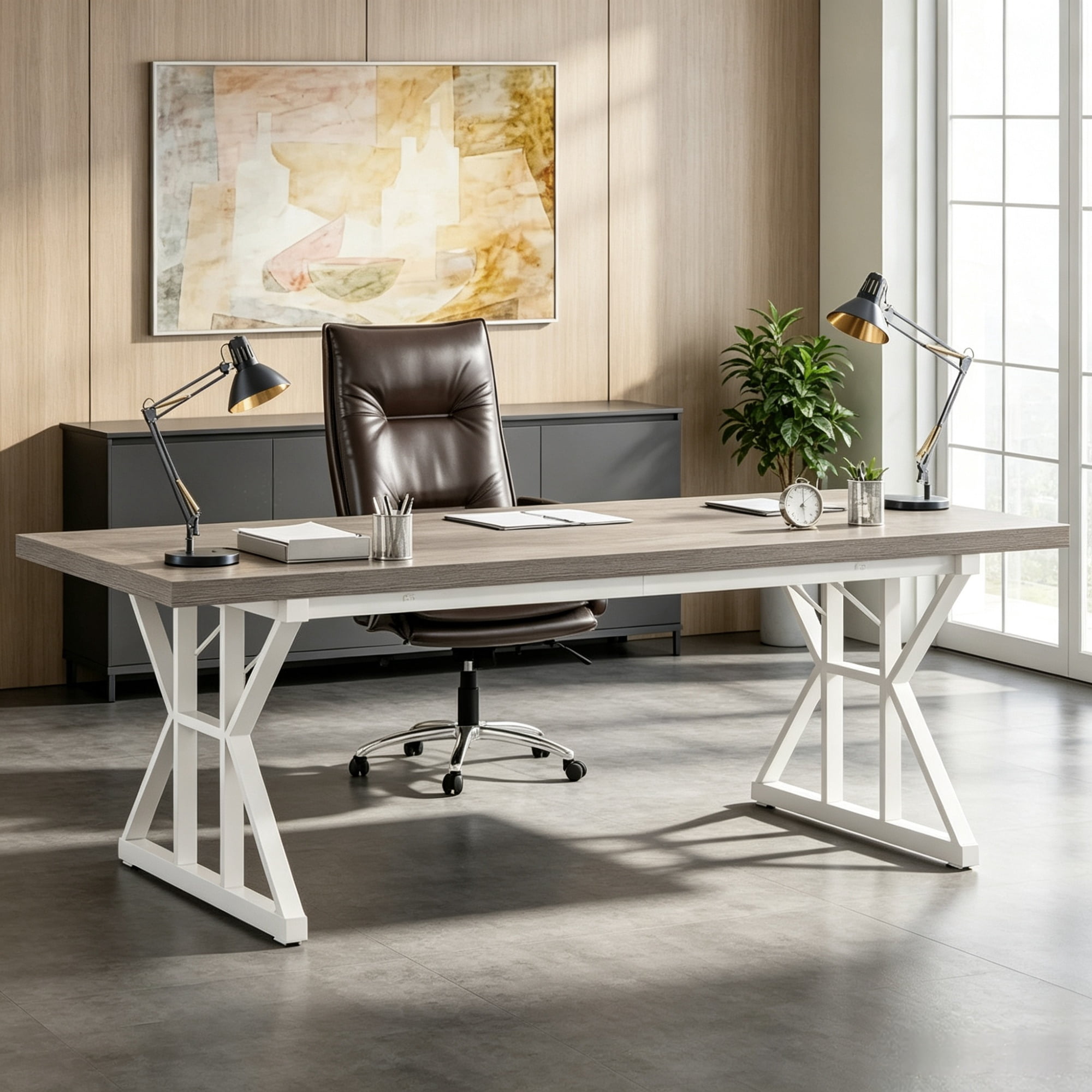 Wood Executive Computer Desk, Modern Office Workstation for Home Office