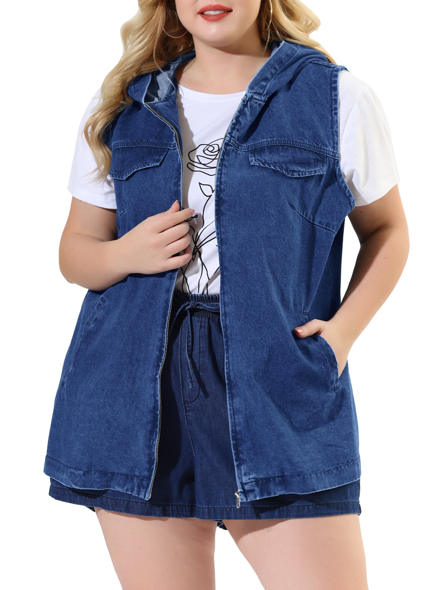 Unique Bargains Women's Plus Size Hoodie Vest Zipper Up Pocket Denim