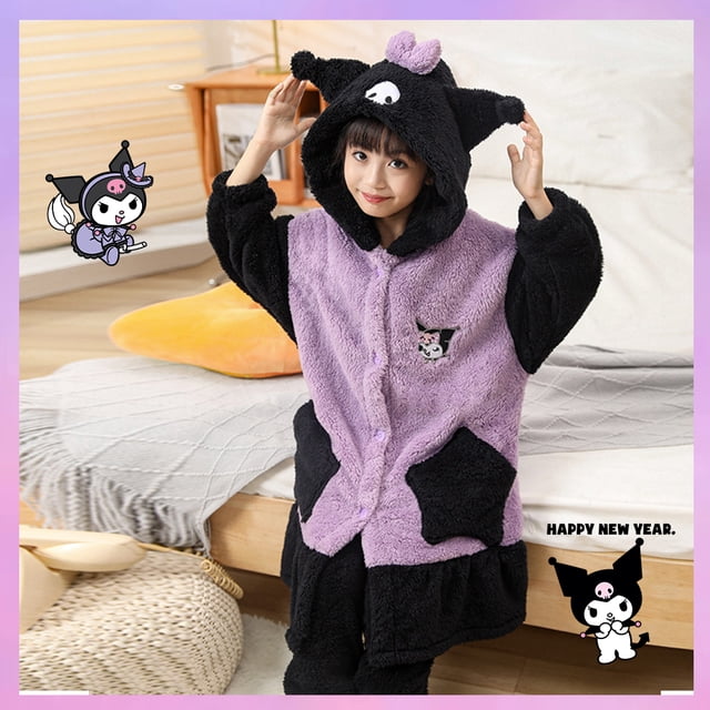 Pijamas de primavera y otoño para niños de Anime Kuromi, Cinnamoroll, Sanrioed, Kawaii, para niñas y niños, bata de noche de forro polar coral, ropa de casa