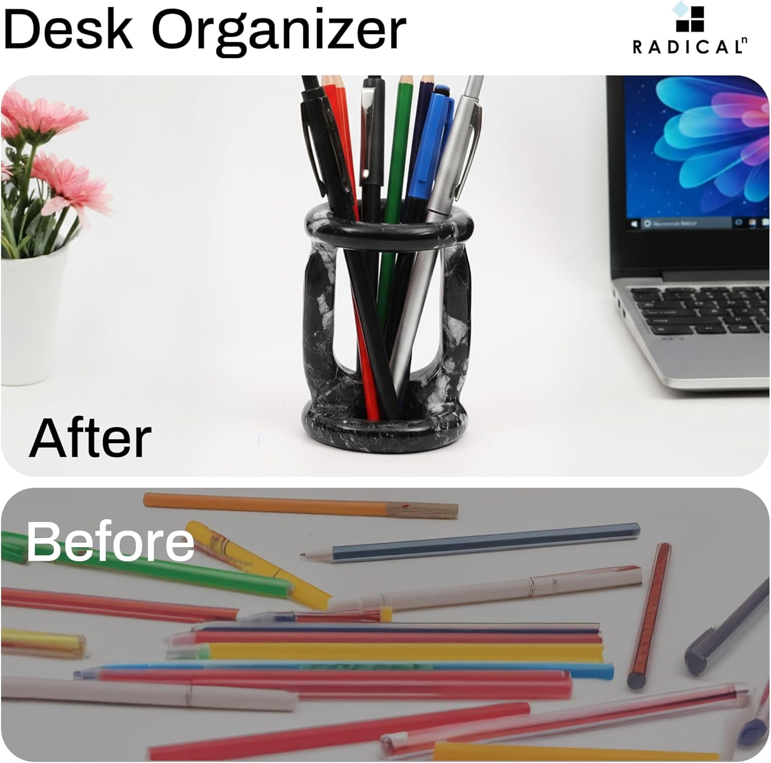 Radicaln Marble Stationary Holder 4 inches Black Zebra Handmade Pen Holder For Desk, Ideal Pencil Holders & Desk Organizer, Makeup Brush Holder For Women