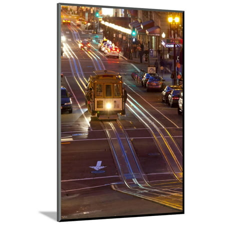 Street Scene at Night with Historic San Francisco Street Car Wood Mounted Print Wall Art By