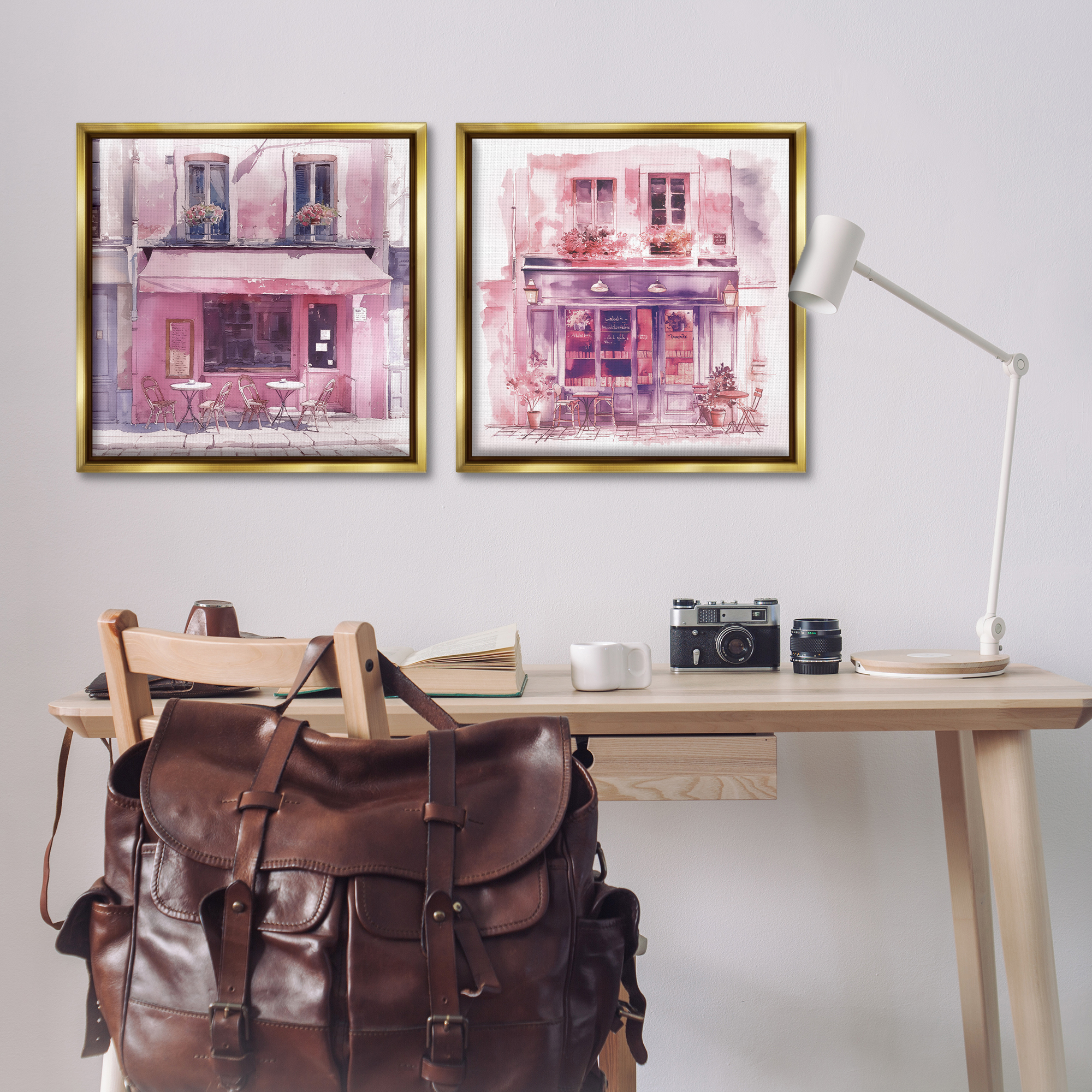 Stupell Industries Pink Outdoor Café Tables Buildings & Architecture Painting Gold Floater Framed Canvas Art Print Wall Art, 25 x 25, Set of 2