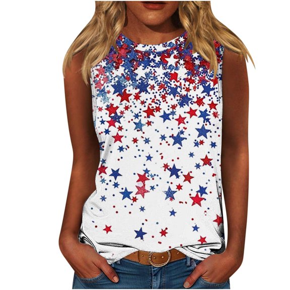 GNFQXSS Womens Crew Neck Tank Top Star Print Loose Sleeveless Cami Lightweight Flowy Patriotic Summer Beach Top Multicolor L