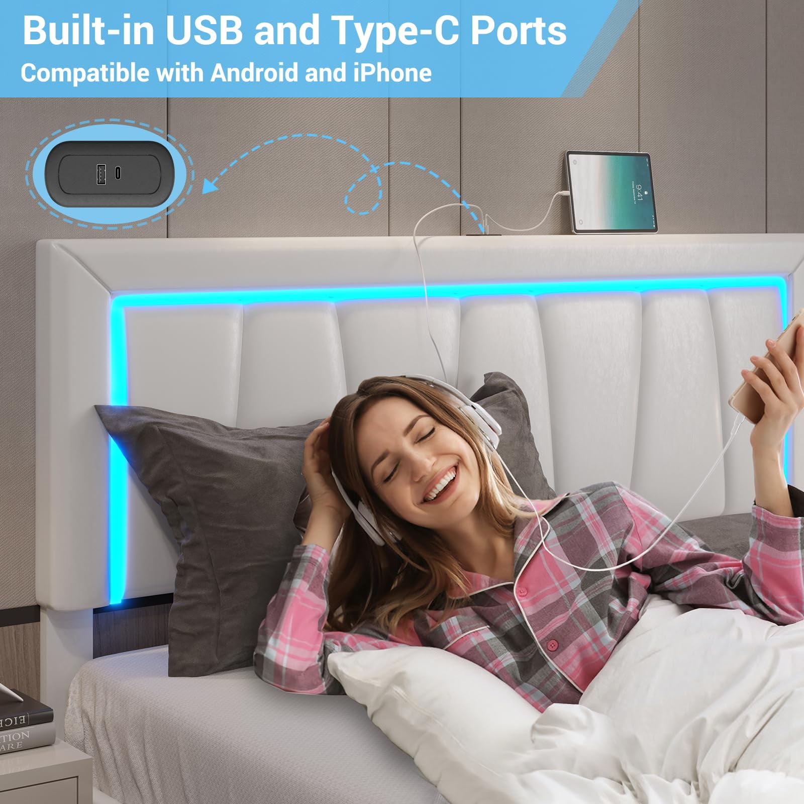 California King Bed Frame with 4 Storage Drawers & USB Ports & LED Headboard, Faux Leather Upholstered Platform Bed Frame with 3 Side Light Strip, No Spring Needed, White