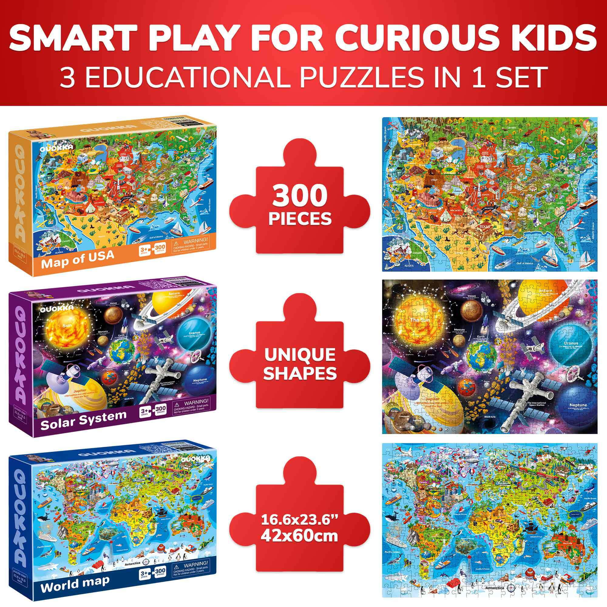 Quokka 300-Piece Child Geography Space USA Map Puzzles - 3X Set Floor Jigsaw Puzzles Large Pieces