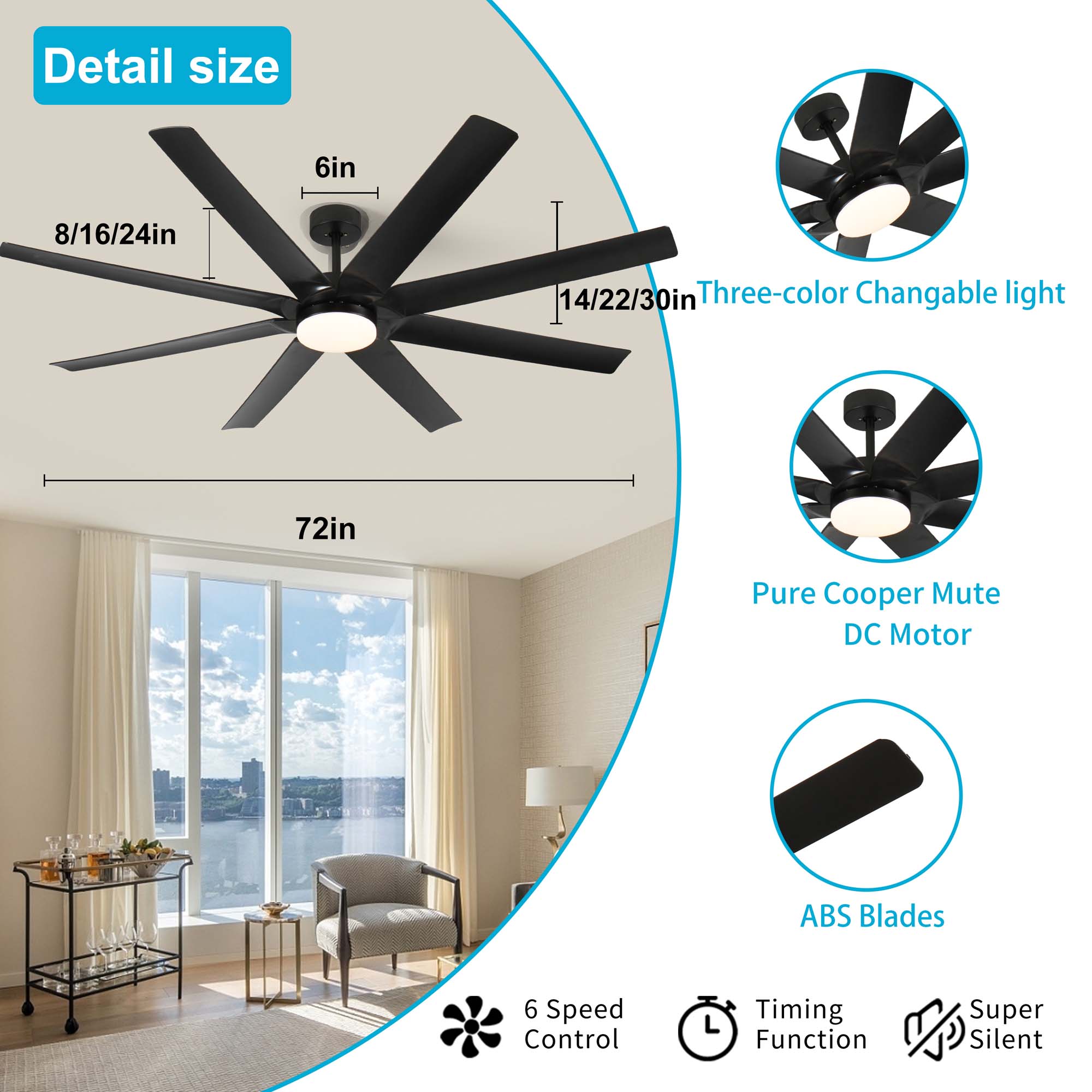 Miniyam 72 inch Industrial DC Motor Ceiling Fan with light, Large Ceiling Fan with 8 Reversible Blades, 3 Downrods, 6-Speed Remote Control, Ceiling Fans for Porch/Garage/Shop, Black