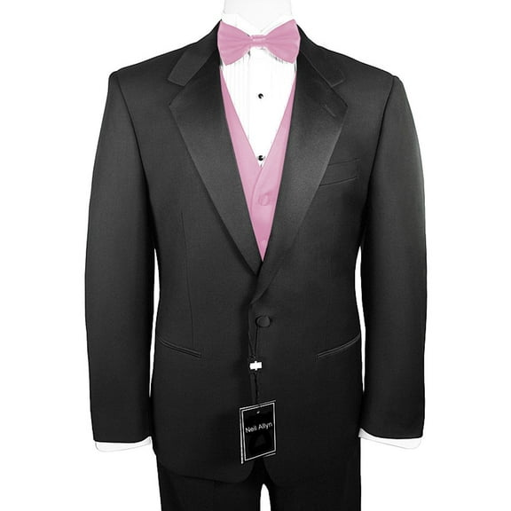 Neil Allyn 7-Piece Formal Tuxedo with Pleated Front Pants, Shirt, Pink Vest, Bow-Tie & Cuff Links. Prom, Wedding, Cruise