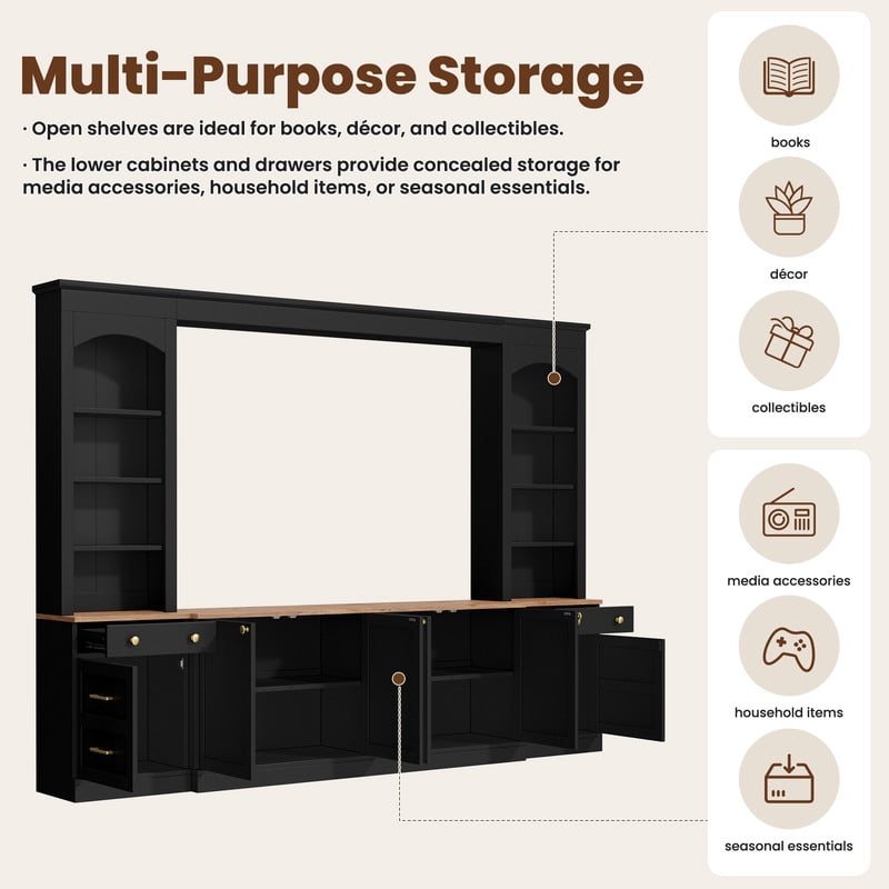 Farmhouse Arched Entertainment Center Wall Unit with Bookshelves, 106" Large TV Stand with Storage Cabinets and Drawers, Retro Wood Grain Media Console for TVs Up to 70"