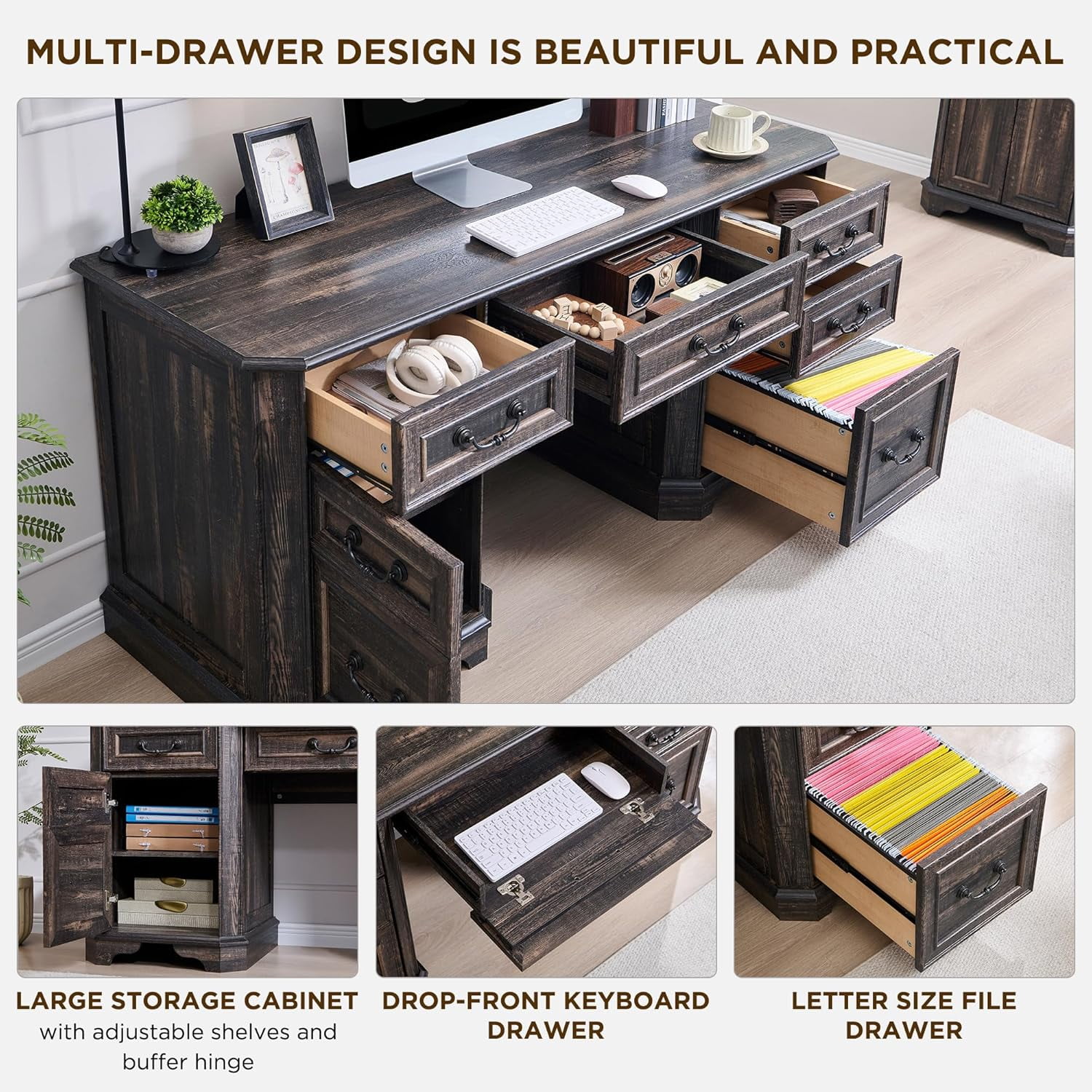OKD 59" Farmhouse Office Desk，Rustic Desk - Engineered Wood，Corner Desk Charging Station，File drawer，For Study & Living Room Use