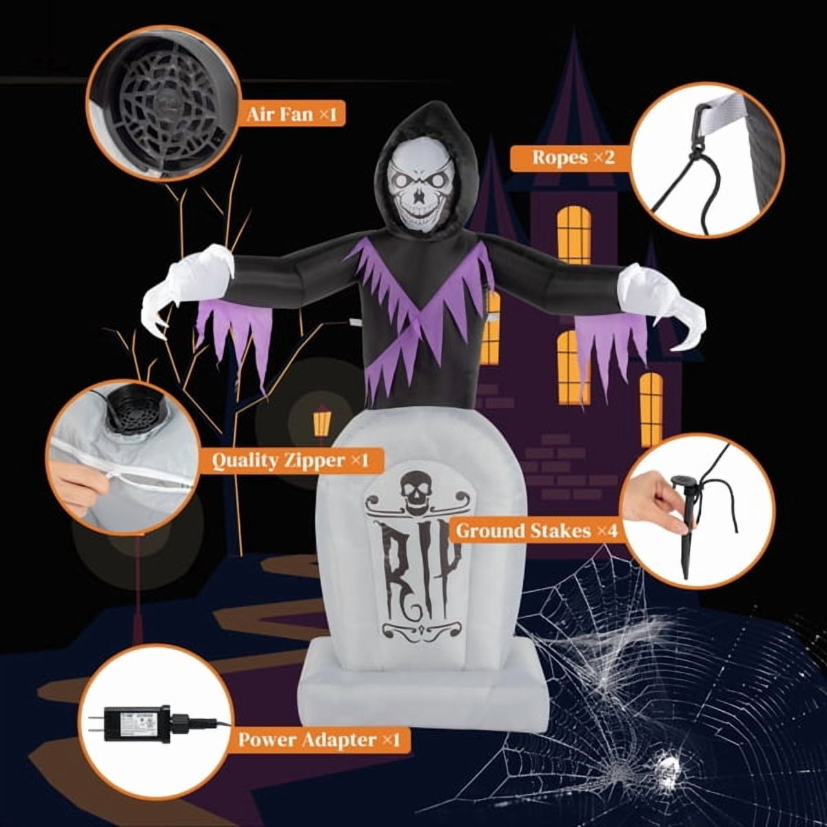 Alvantor 6 ft Halloween Inflatable Grim Reaper and Tombstone with 3 LED Lights for Outdoor Yard