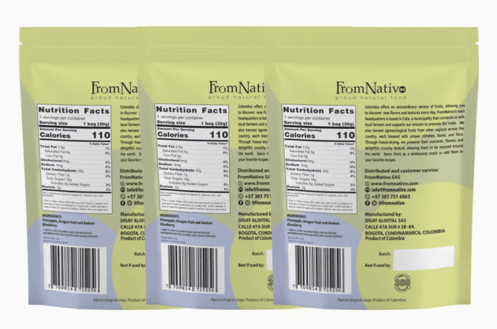 FromNativoGo | Freeze Dried Fruit Snack: Pineapple, DragonFruit, Andean Blueberry | 3Pack | 3.05OzE