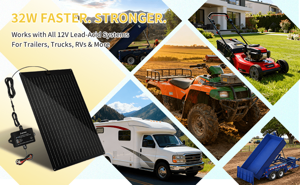 32W Solar Battery Charger, Zuomeng MPPT Solar Battery Maintainer & Solar Trickle Charger Kit with 32W High-Efficiency Solar Panel, Pulse Repair Solar Battery Charger