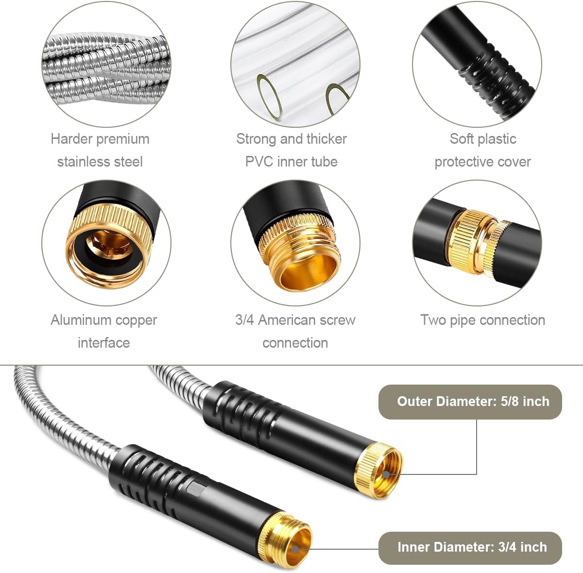 Metal Garden Hose 50FT, Heavy Duty 304 Stainless Steel Water Hoses with Nozzle, Flexible, Rust Proof, No-Kink &  for Yard, Outdoor, RV