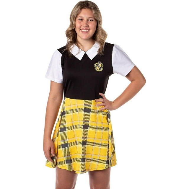 Bioworld Harry Potter Robe de Costume Hufflepuff Cosplay Jupe à Carreaux Robes pour Femmes Adolescentes (XX-Grand)