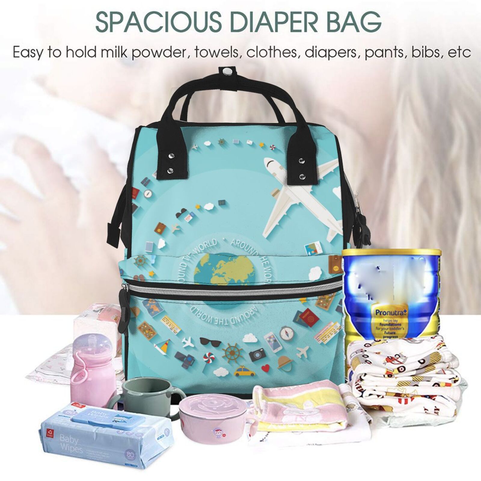 Fuzoiu Travelling on Airplane Print Diaper Bag Backpack,Baby Essentials Travel Tote,Multi function Waterproof Diaper Bag, Travel Essentials Baby Bag - Unisex