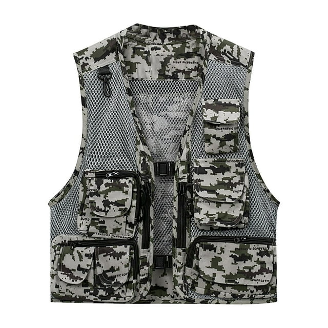 LOVZFMLL Débardeurs pour Hommes Pêche Photographie Cardigan Multi-Poches Sans Manches à Capuche