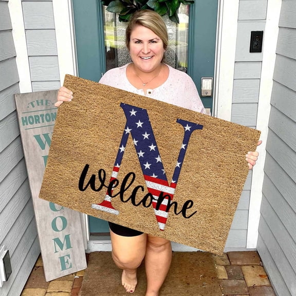 Monogram Patriotic Welcome Door Mat 24x16in Personalized Initial A-Z Independence Day Entrance Rug Non-Slip USA Flag Stars Stripes Porch Floor Decoration, N