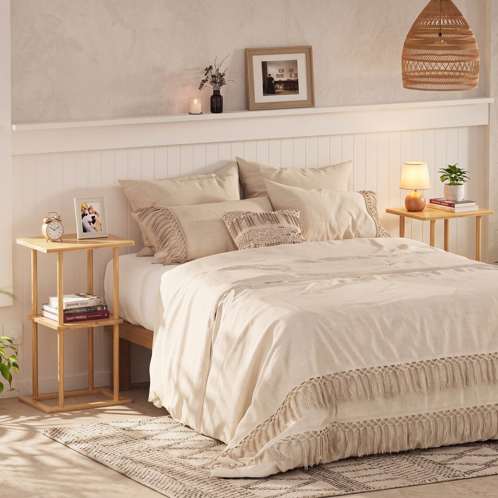 Furnibear 2-Piece Bamboo Side Table Set with Storage Shelves, 2-Tier End Table Nightstand for Living Room Bedroom Home Office, Rectangular Sofa Couch Accent, Natural