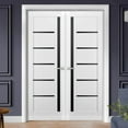 thumbnail image 3 of Solid French Double Doors | Quadro 4588 White Silk with Black Glass | Wood Solid Panel Frame Trims | Closet Bedroom Sturdy Doors-48" x 96" (2* 24x96)-Black Glass, 3 of 6