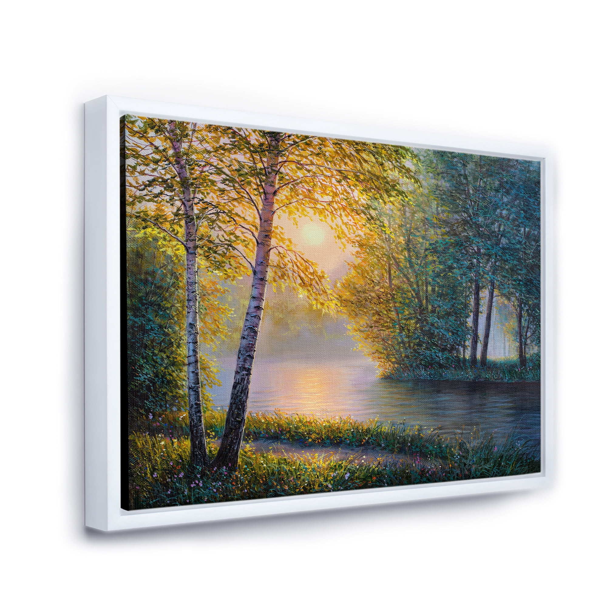 Designart 'Sunrise Summer With Beautiful River Spring Forest' Lake House Framed Canvas Wall Art Print