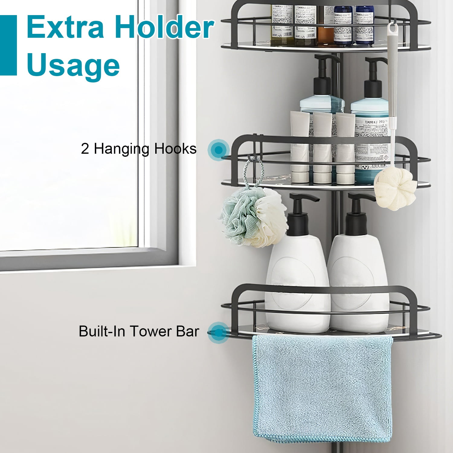 Corner Shower Caddy Tension Pole, Rust-Free Bathroom Shower Organizer Corner for Bathtub Shampoo Storage, 4-Tier Adjustable Shelf, Drill Free, Quick Setup, Black