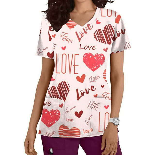 TIMIFIS Haut de Sarrau Rouge Femme Imprimé Manches Courtes Col en V Hauts Uniforme Saint-Valentin Imprimé Poches Blouse Soins Infirmiers avec Poches-Rouge Imprimé