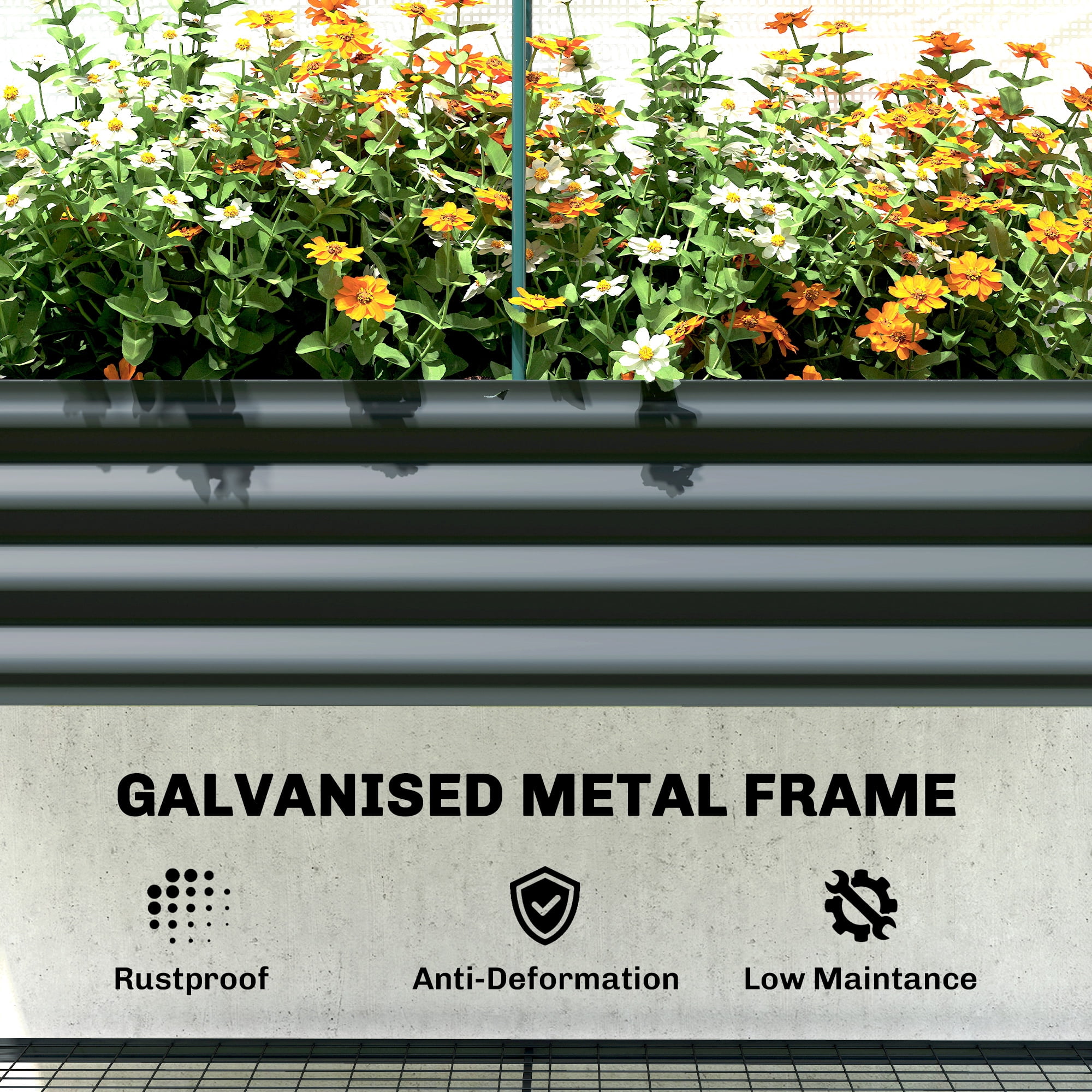 Outsunny Galvanised Raised Garden Bed with Greenhouse Cover, Metal Elevated Garden Bed with Bed Liner and Bottom Shelf, Dark Gray