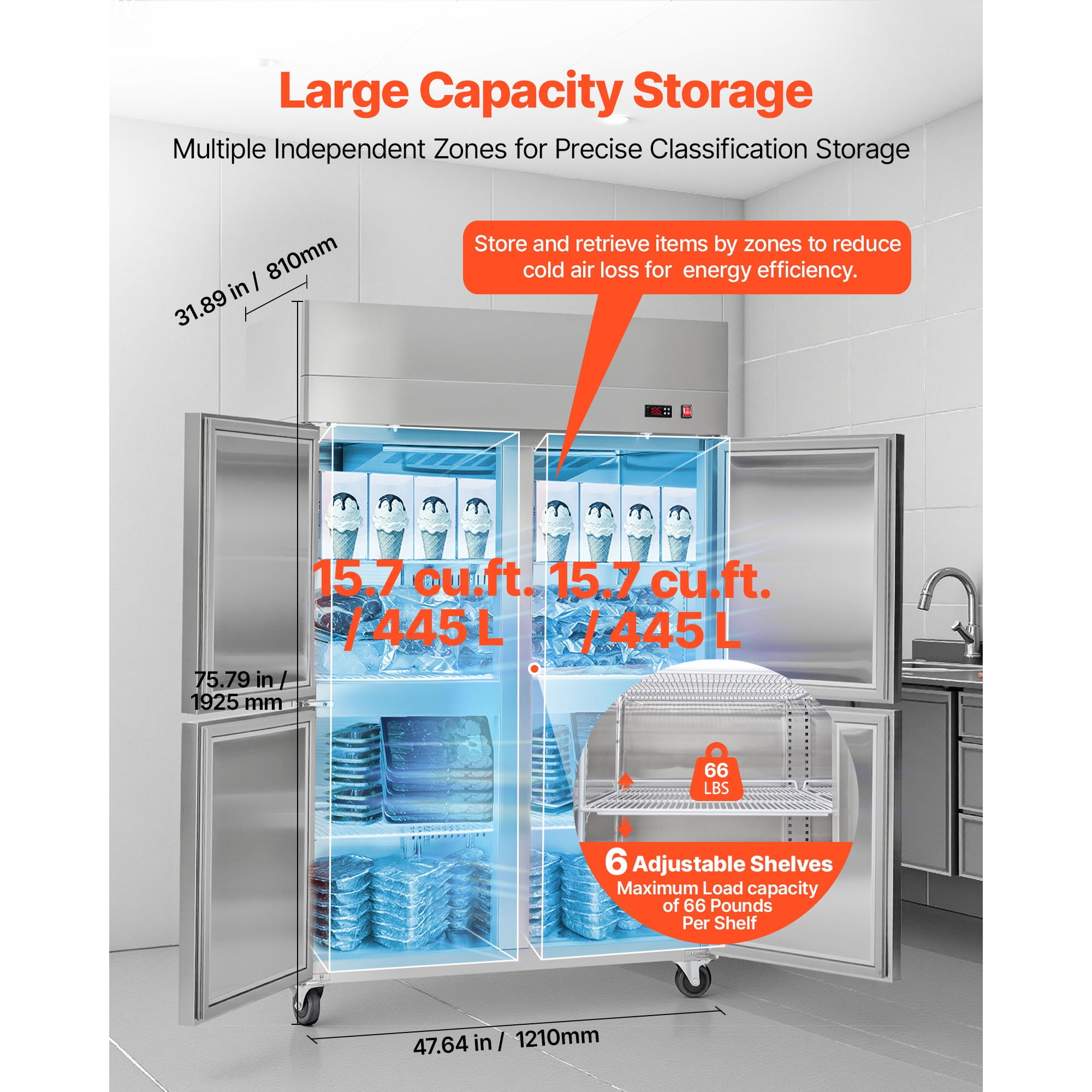 KFFKFF Commercial Upright Freezer, 47.64 in Wide Four-Door Design, 31.4 Cu.ft Capacity with Auto-Defrost, Stainless Steel Build, 6 Adjustable Shelves, -11 to 14℉ Temperature Range, LED Lighting