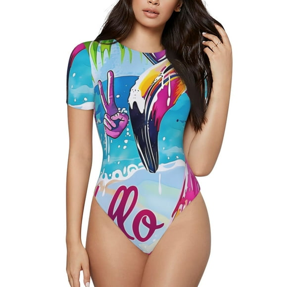 Cauagu Tropical Flamingo Summer Women's Crew Neck Round Short Sleeve T Shirts Tops Bodysuit Daily Jumpsuit-Medium