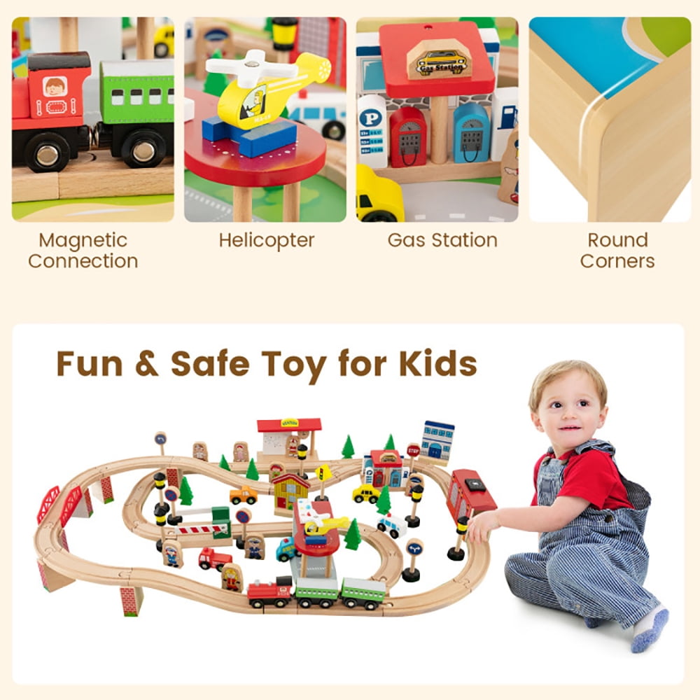 Kadyn Learning Toys,Train Set,84-Piece Wooden Train Set with Reversible and Detachable Tabletop