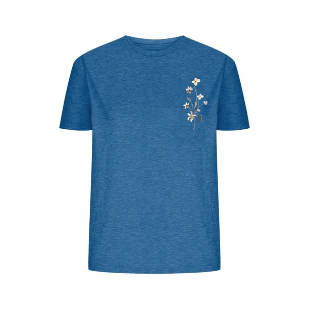 Camisetas de Verano de Mujer Pequeña Flor Impresa Cuello Redondo Manga Corta Superior, Verano Superior de las Mujeres