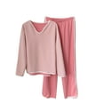 thumbnail image 2 of Women's Long Sleeve Striped Pajama Set Fleece Round Neck Loose Warm Thickened Loungewear Winter Casual Soft Cozy Home Sleep Two-Piece Outfit Pink XL, 2 of 5
