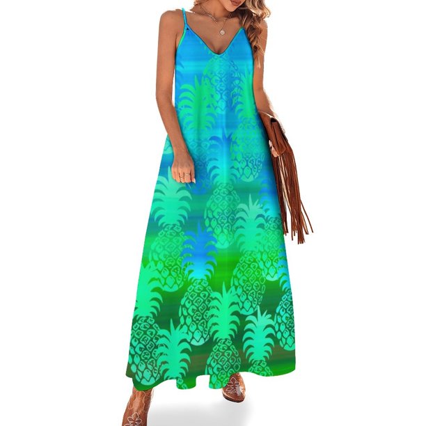 Vestido sin mangas Pukana Hawaiian Pineapple Sunset Blend - Verde hoja y azul océano Vestidos Ropa de verano