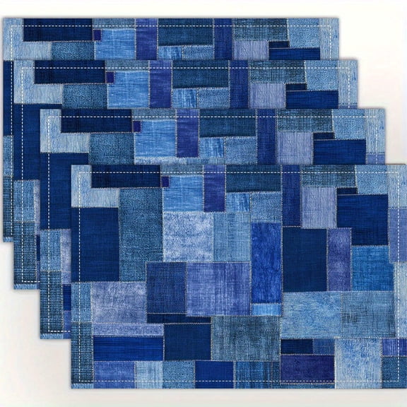 4pcs, Faux Denim Blue Jeans Patchwork Pattern in various shades placemats, fashion print pattern table mat, for dining table, kitchen, party, indoor, holiday, dinner parties and home decor