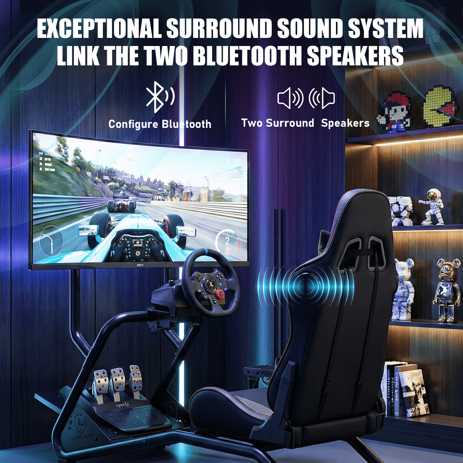 GTPLAYER Racing Simulator Cockpit with Monitor Stand, Racing Style Reclining Seat with Bluetooth Speakers, Black