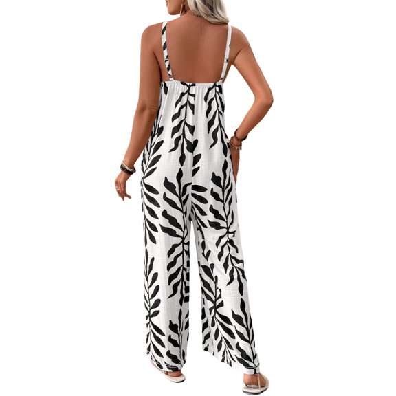 Costeam Womens Leaf Print Spaghetti Strap Jumpsuit Dual Side Hidden Hand Pockets Scoop Neck Elastic Loose Full Length Wide Leg Casual One Piece Outfit