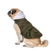 Vibrant Life Olive Green Twill Pet Jacket With Pocket Flap and Fur-Trimmed Hood, For Dogs and Cats, Size Small