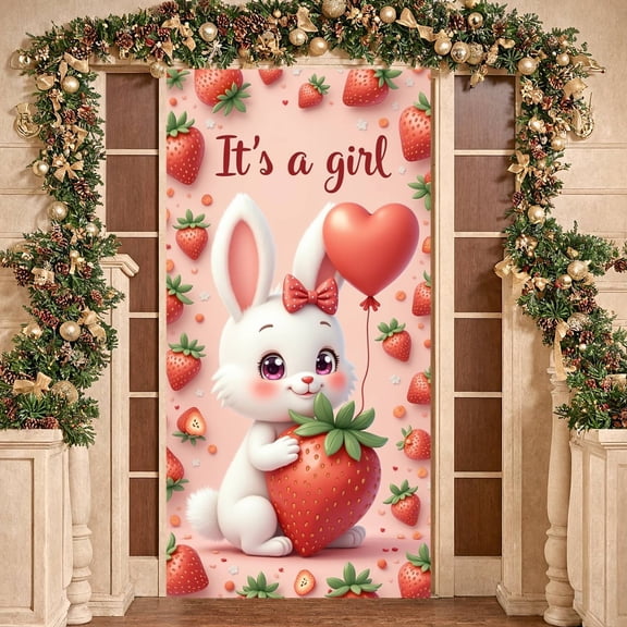 Cute Cartoon It's a Girl Banner Pink Themed Baby Shower Backdrop Strawberry Bunny Design Background for Baby Shower, Newborn Girl Celebration, Home Party