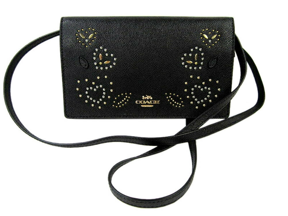 New Coach Womens Black F556165 Leather Foldover Crossbody Clutch Wallet