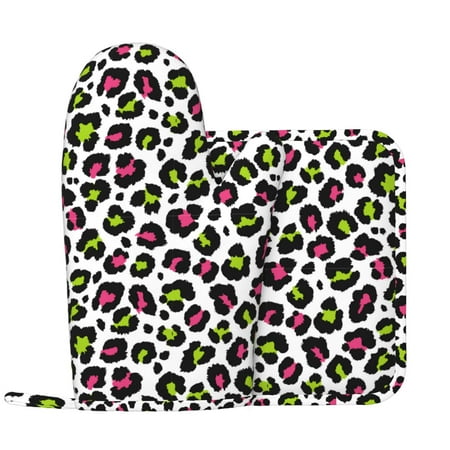 

cute pink green Leopard Oven Mitts and Pot Holders Sets Heat Resistant Silicone Oven Mitts Pot Holders for Kitchen Cooking Baking Non-Slip Oven Gloves Hot Pads Potholders