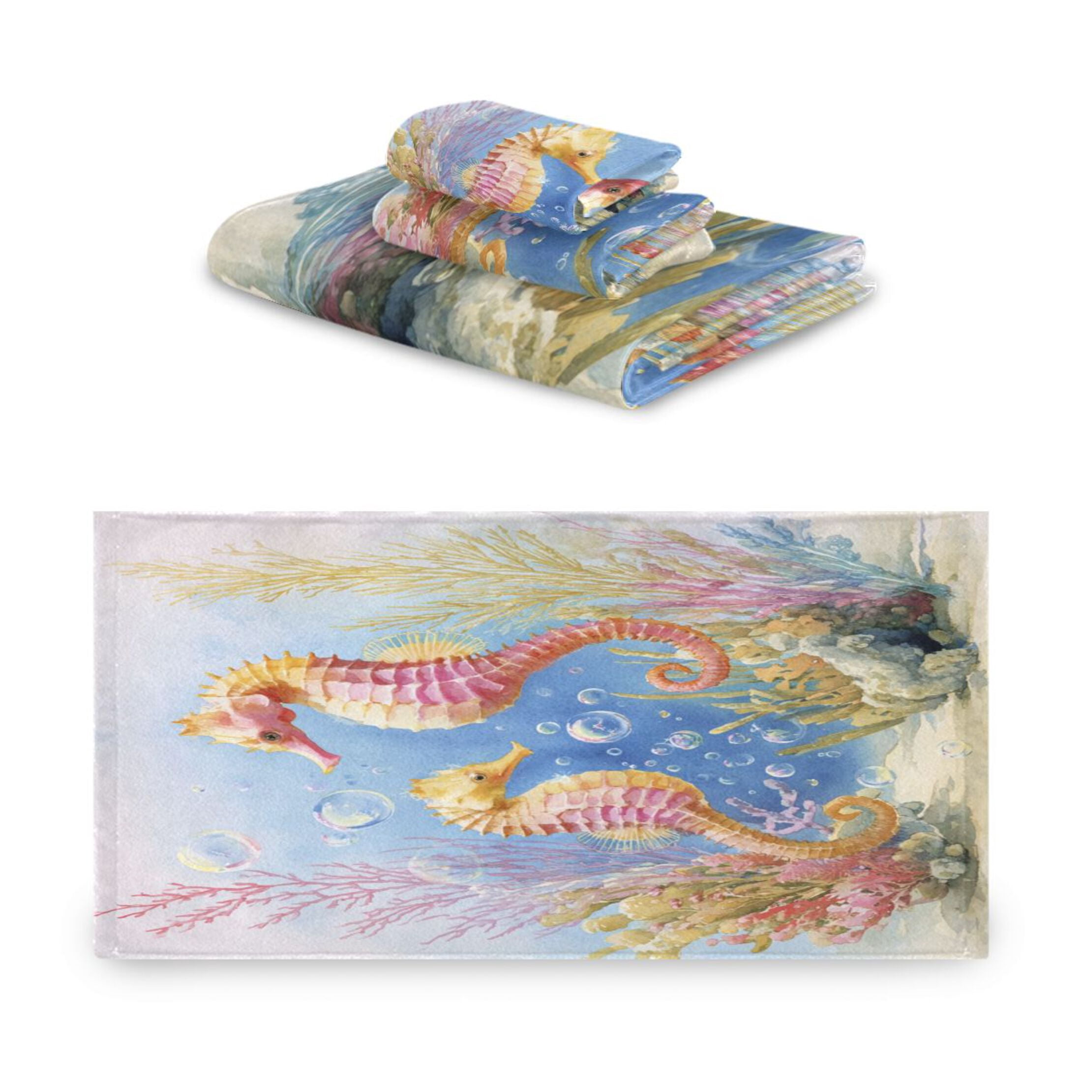 3 Piece Bath Towels Set Bath Towel, Hand Towel and Face Towel for Bathroom, Gym, Hotel Cute Seahorse Pattern