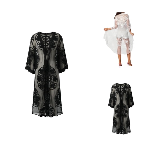 Swimsuit Coverup for Women Sheer Mesh Lace Embroidered 3/4 Sleeve Tie Front Long Kimono Cardigans Beach Cover Up