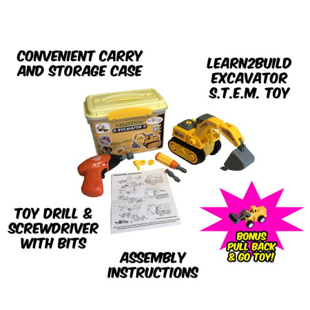Take Apart Excavator STEM Toy for 3-7 Year Olds - Comes with a BONUS Pull Back and Go Toy! Yellow Construction Excavator with 27 Pieces. Includes Light Up Toy Drill and Screwdriver + (Best Construction Toys For 8 Year Olds)