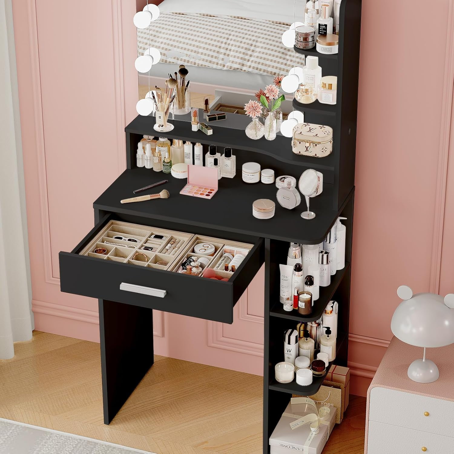 Makeup Vanity Desk with Mirror and Lights, NEORIVER Black Vanity Mirror with Lights with Large Drawer and 6 Level Storage, Black Vanity with Large Led Mirror with 3 Color Lighting Modes